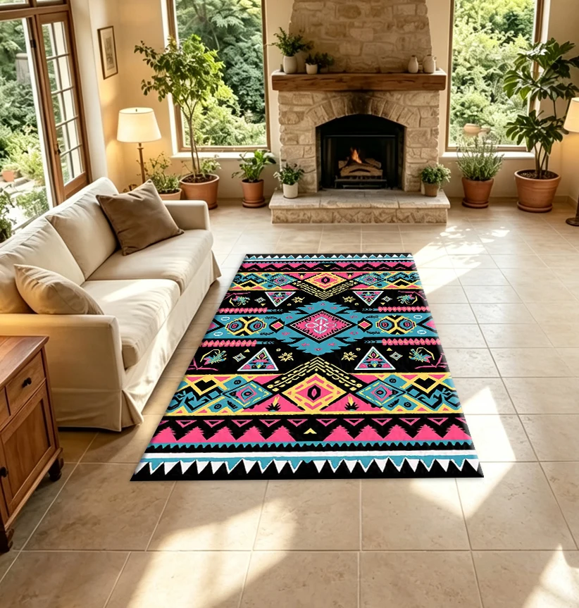 Boho Ethnic Tribal Geometric Carpet Flooring Bright Color Aztec Style Ornamental Floor Rug for Home Living Room Decor