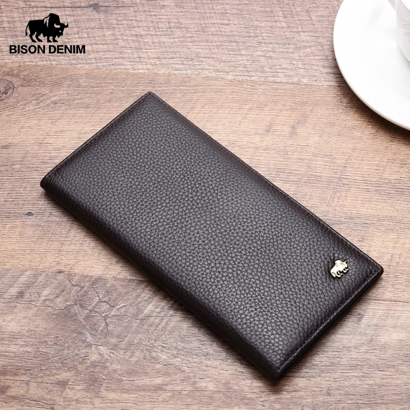 BISON DENIM Genuine Leather Long Wallet Business Men\'s Soft Thin Wallet Card Holder Luxury Brand Design Handy Male Purse Bag