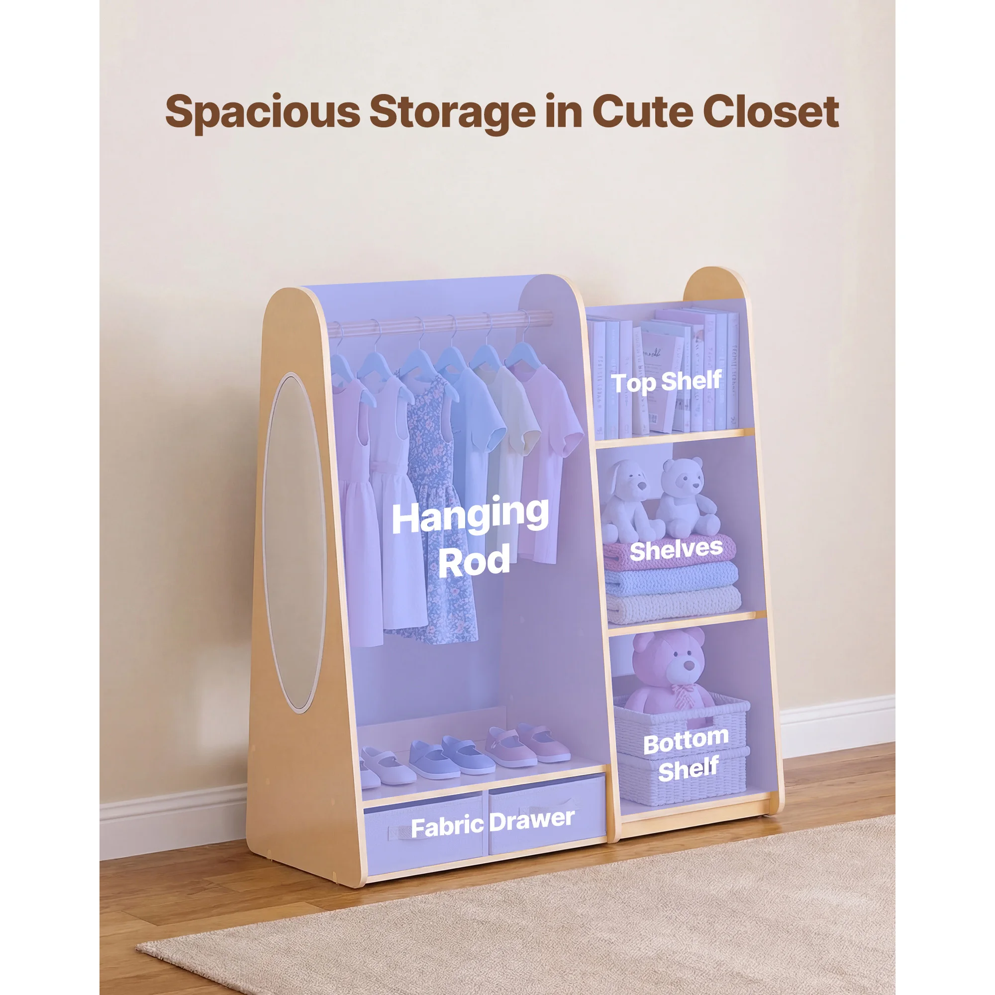 SucceBuy Kids Wooden Dress Up Storage with Mirror Children Dress Up Rack Toddler Wardrobe Closet for Girls Bedroom Home Storage image 3