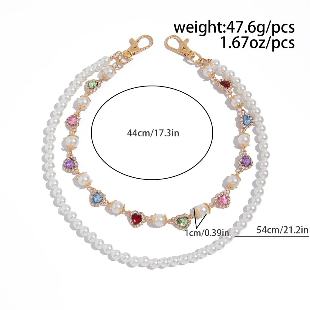 Double Layer Design Punk Rhinestone Keychain Colorful Rhinestone Alloy Material Love Heart Belt Chain Wallet Chain Luxury Style