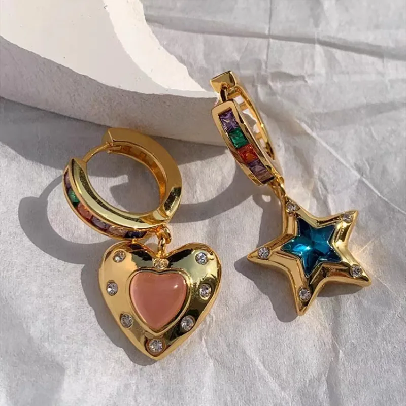 New Sweet Burgundy Enamel Heart Star Earrings for Women Girl Gold Color Metal Love Heart Hanging Dangle Earrings Vintage Jewelry