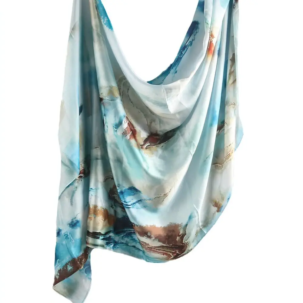 Women Silk Scarf Marble Print Ethnic Shawl Soft Lightweight Headwrap Fashion Beach Hijab Accessories For Fanxin Wrap