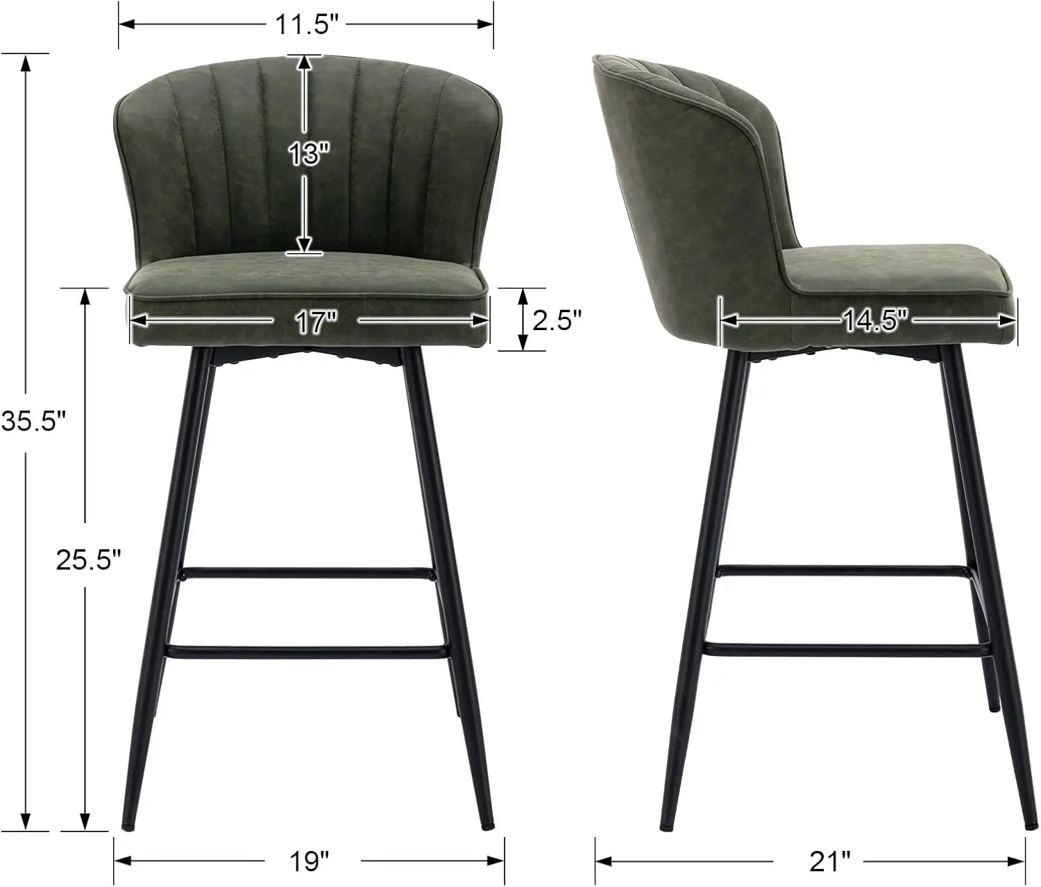 Counter-Ensemble de 2 chaises de bar modernes avec dossier, tabourets de bar en cuir avec repose-pieds en métal