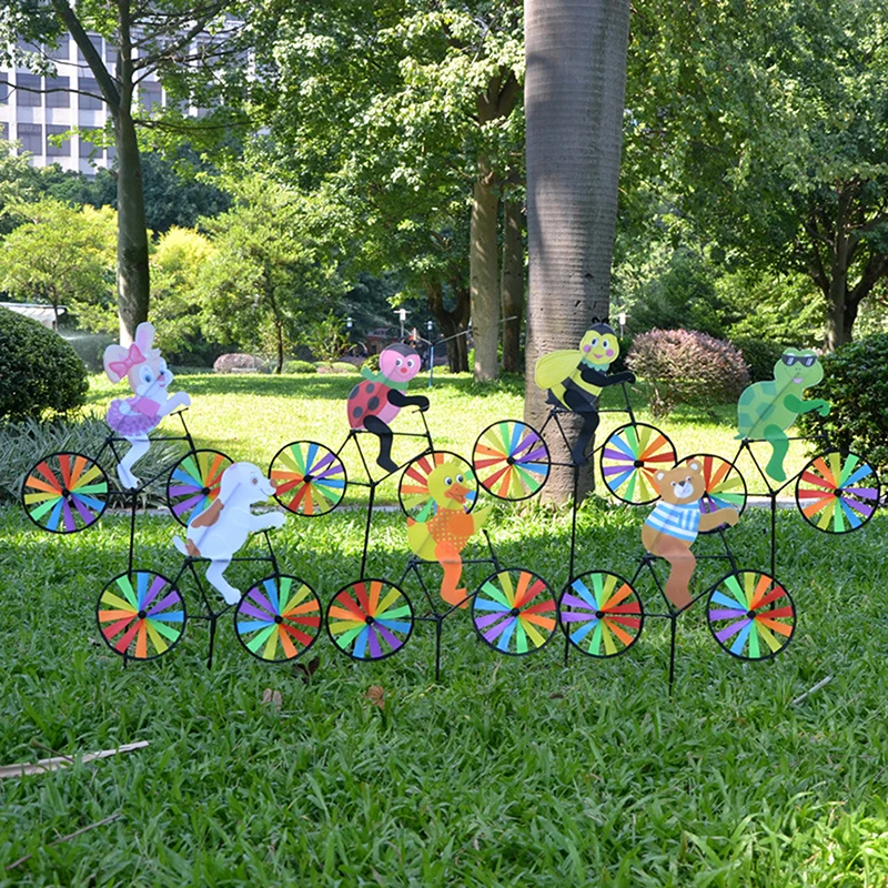 1 Piece Bicycle Wind Spinners Animal Riding Three-dimensional Cartoon Modelling Windmill Standing Pole Garden Yard Decoration