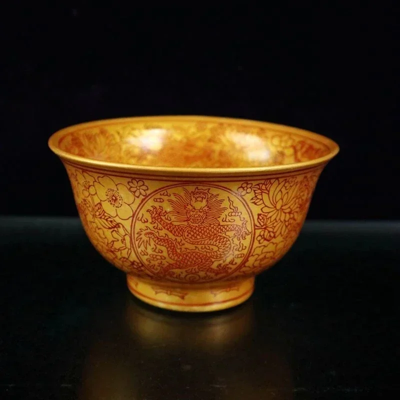 Exquisite Chinese Characteristic Golden Auspicious Dragon and Flowers longevity Designs Porcelain Bowl