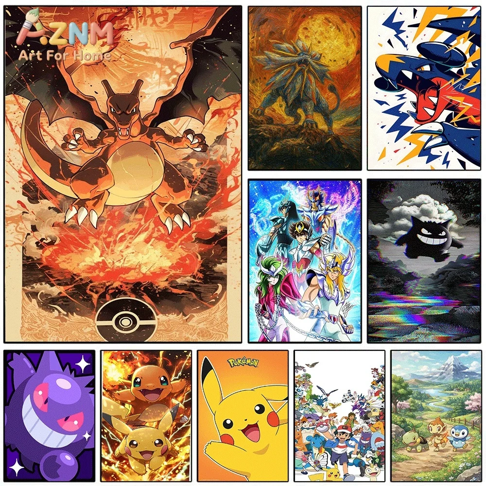 AZNM Charizard Fire Burst Retro Canvas Wall Print, Pokemon Fire Dragon Anime Creature Art Poster, Unframed Canvas Painting for