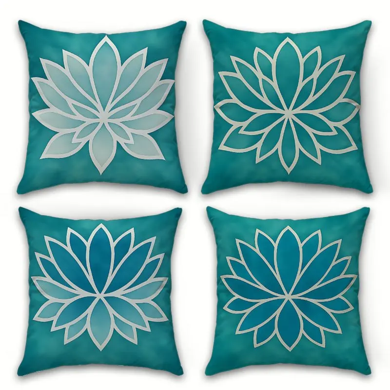 Zen Lotus Pillow Covers, Teal Green Floral Line Art Throw Pillow Cases, Yoga Spa Inspired Home Decor for Couch, No Filler 4pcs