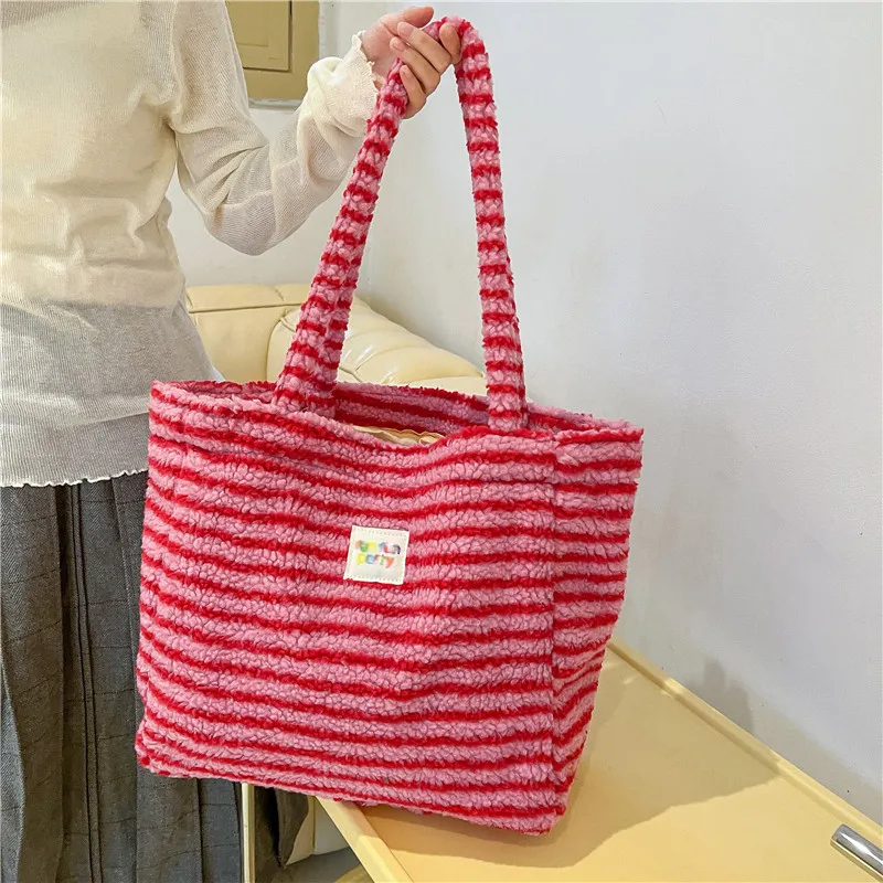 Casual Shoulder Bag Striped Plush New Bags for Women Simple Preppy Style Tote Large Capacity Artificial Lamb Down Fabric Handbag