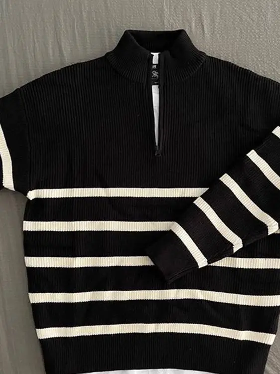 

Men's Knitted Sweater f Zipper Stand Collar Stripe Pattern Autumn Winter Casual Wear Long Sve Thermal Outerwear