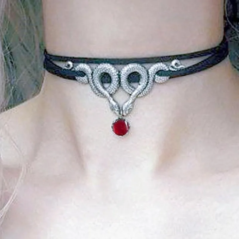 Punk Gothic Silver Color Two Snakes Entwined Circle Multi-layered Leather Rope Choker Necklace for Women Men Hallowmas Jewelry