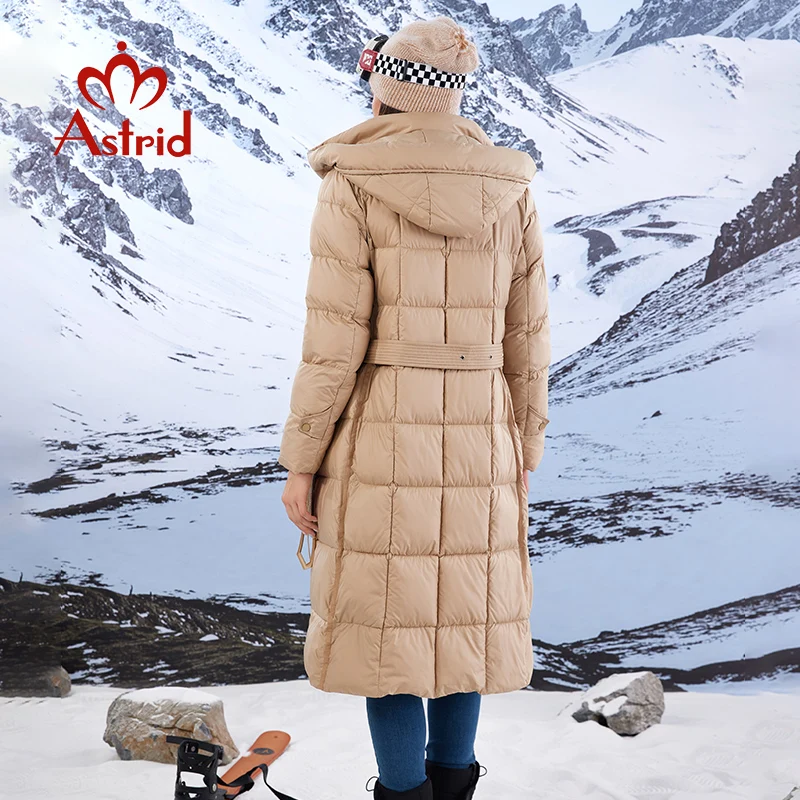 Astrid 2023 New Women\'s Winter Jacket Hooded Belt Long Parkas Warm Padding Puffer Plaid Quilted Coat Down Jacket Thick Snow Wear