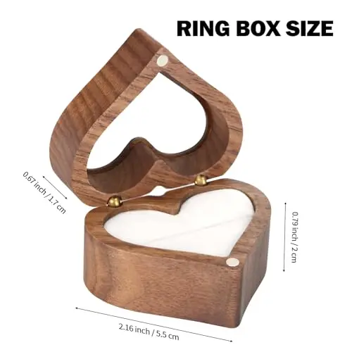 Caja de anillos de madera maciza en forma de corazón con tapa transparente, ranura única para compromiso, propuesta, boda y eventos de aniversario