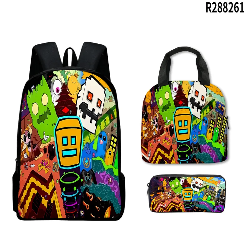 

3pcs Angry Geometry Dash Anime Cartoon Backpack Large Capacity Travel Bag Kawaii Pencil Bag Student Lunch Bags Christmas Gift