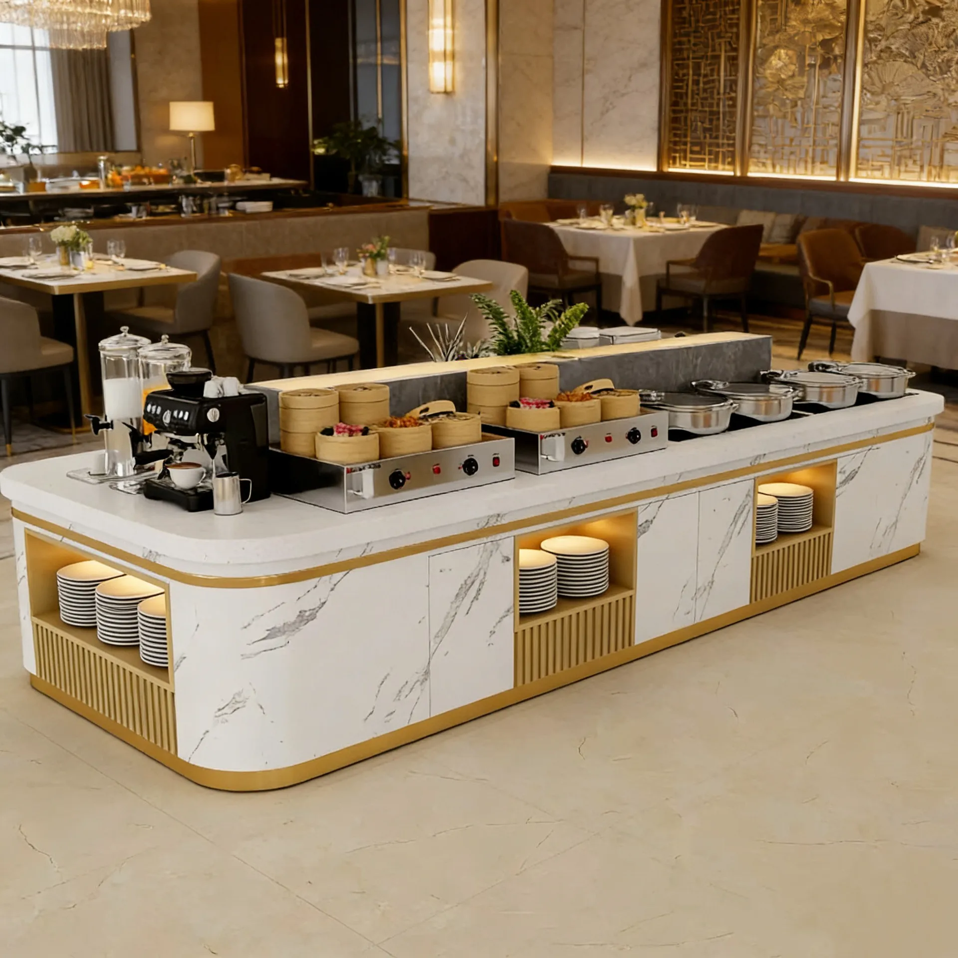 Buffet facilities: Buffy counter, sintered stone marble countertop, hotel pickup counter