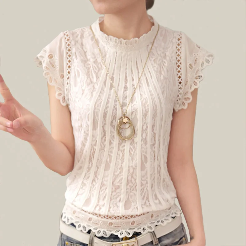 Dames Wit Kant Blouse Korte Mouw Stand Kraag Vrouwen Tops Elegante Patchwork Gehaakte Vrouwen Shirt Plus Size Blusas Mujer 01C