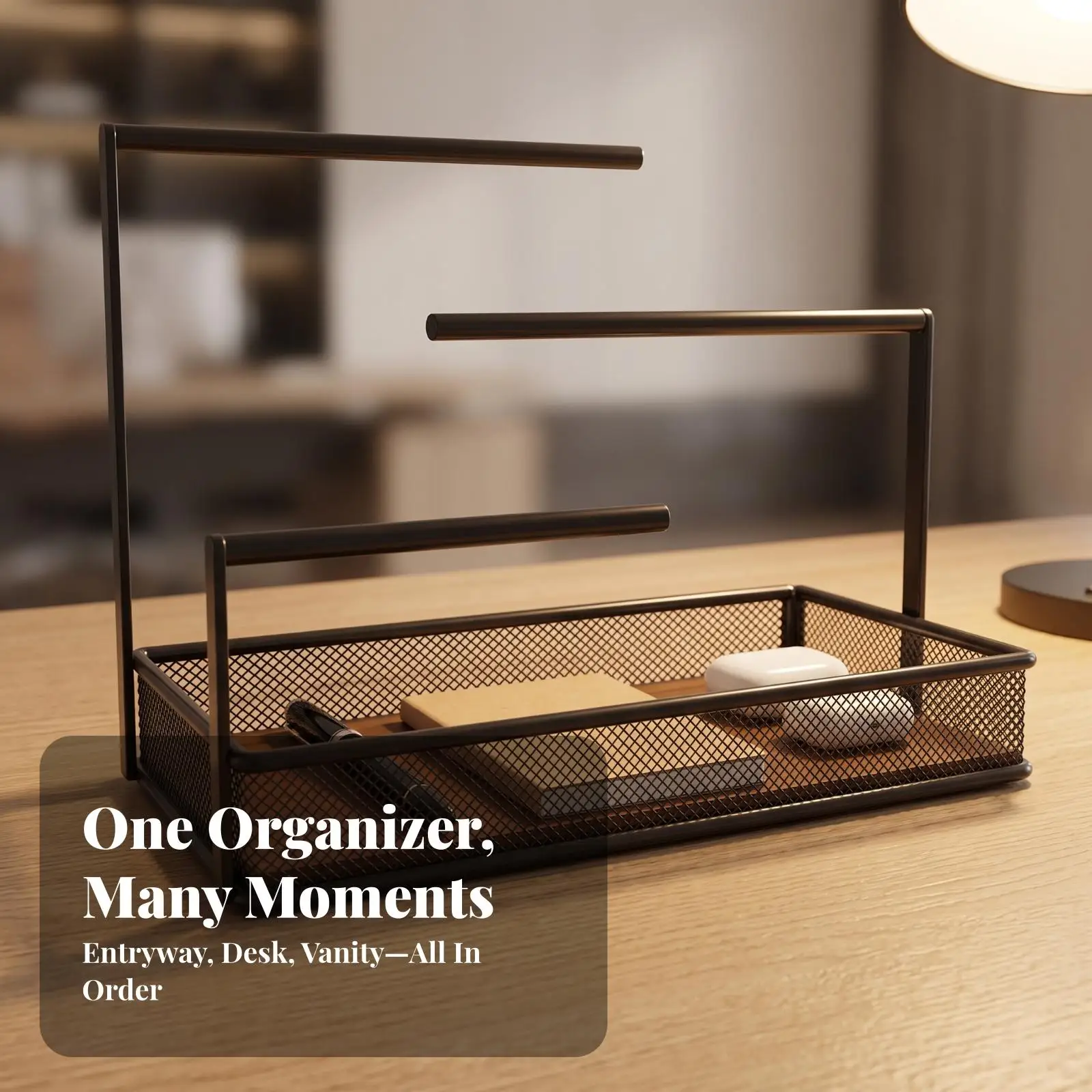 Entryway Key Shelf Organizer with Wood Panel Metal Frame and Basket Tray for Keys Rings Small Accessories Holder
