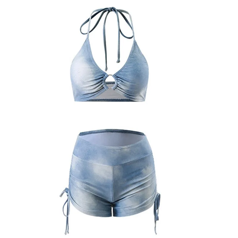 Vacation American Sexy Tie Dye Blue Sports Split Flat Angle Bikini Cover Three Piece Set Hot Spring Vacation Swimsuit for Women image 6