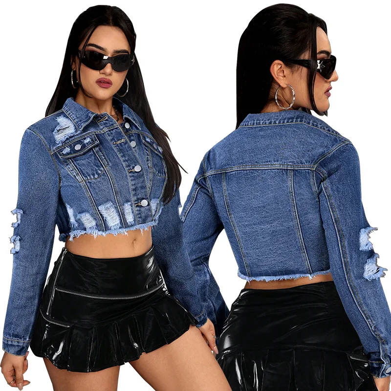 Women's Street Style Distressed Fringed Turn-Down Collar Long-Sleeve Denim Jacket Spring New Arrival Fashion Slim-Fit Casual Top