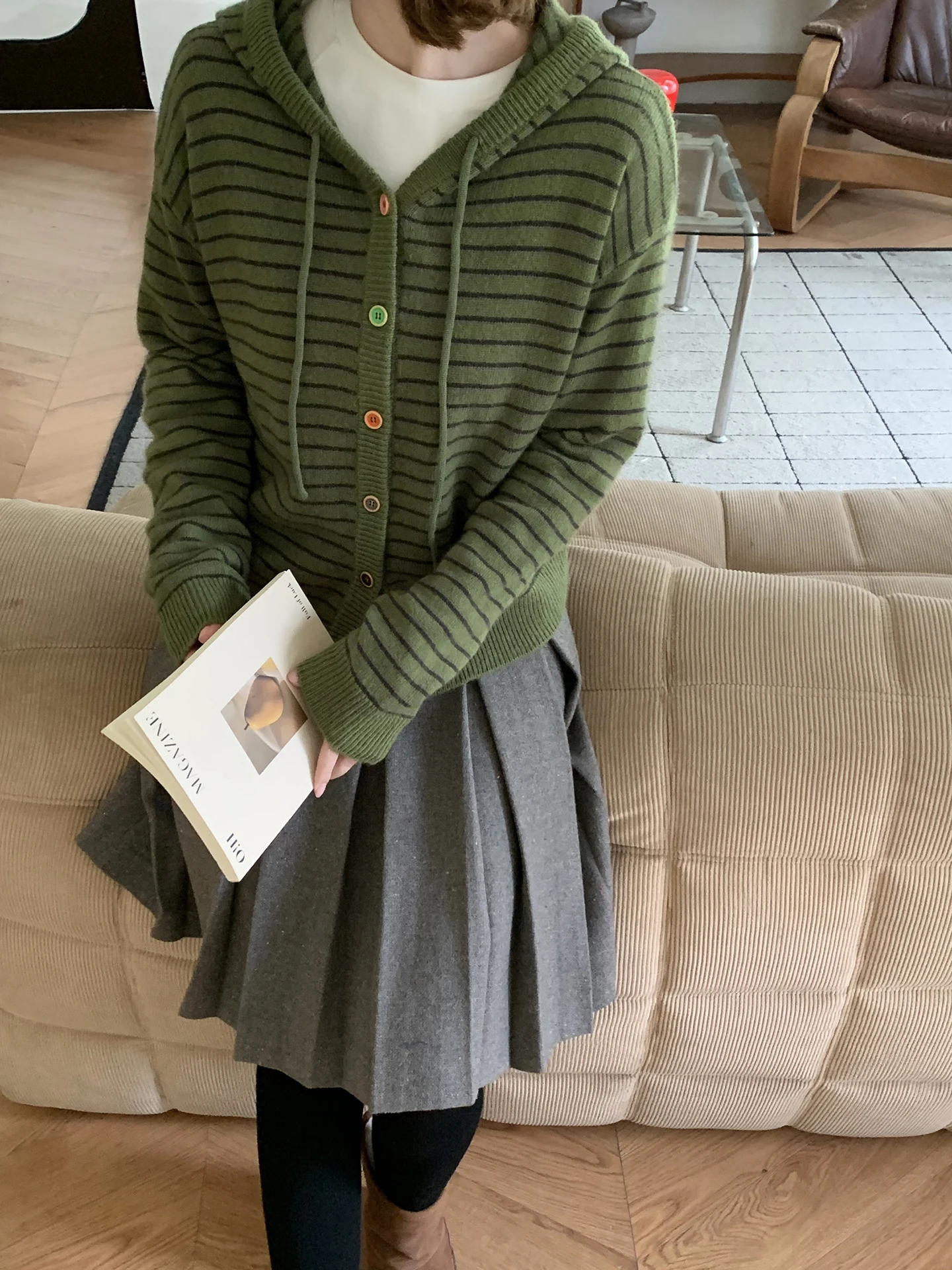 

ELINSU Women's Full Wool Knitted Cardigan Casual Striped Hooded Open-Sided Sweater Spring Autumn Loose Fit Versatile Outerwear