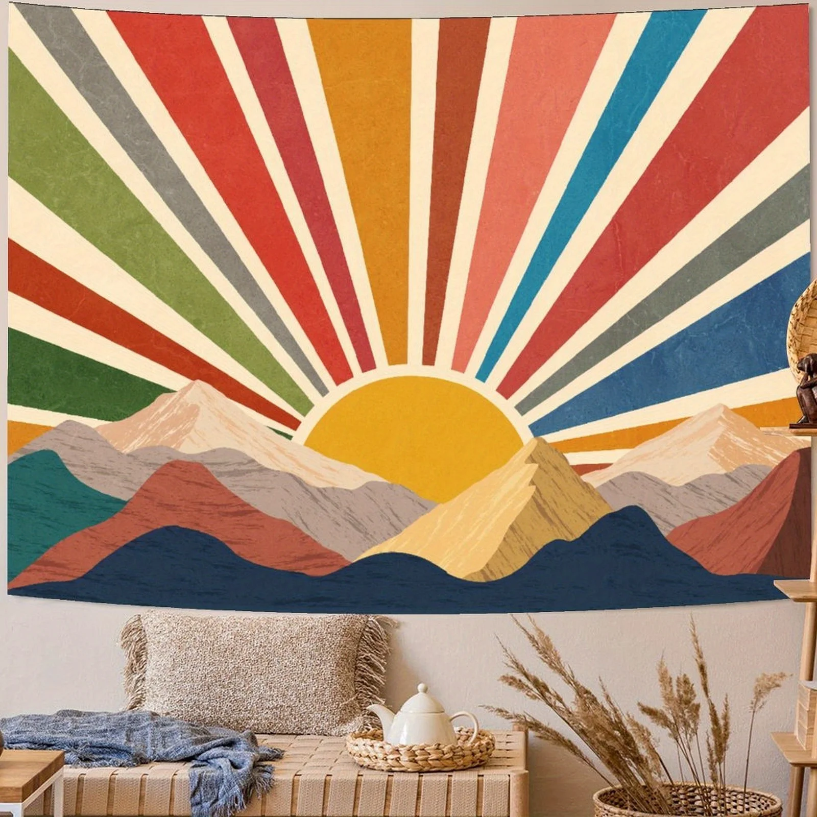 Boho Burning Sun Tapestry Wall Hanging Retro 70S Abstract Vintage Geometric Rainbow Sunrise Tapestries For Bedroom Living Room B