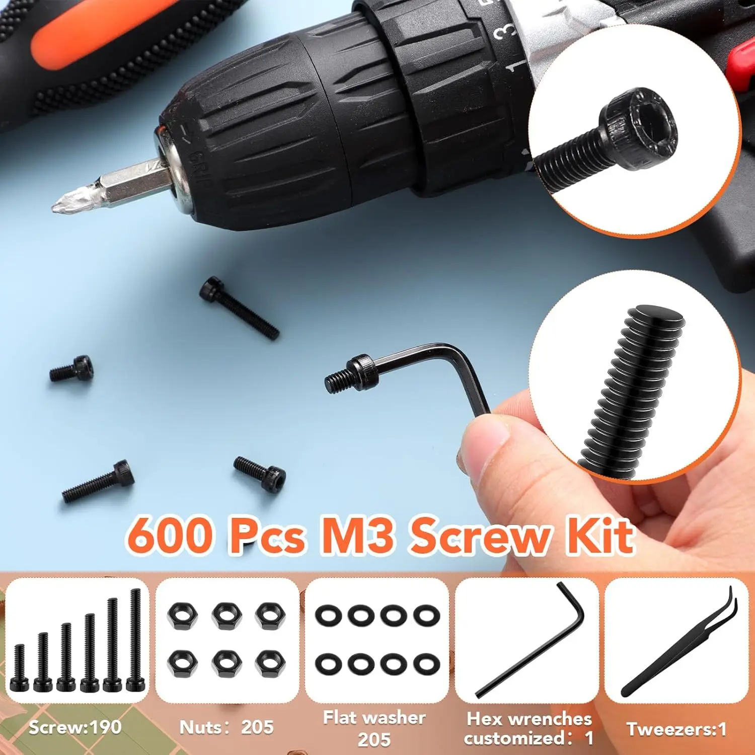 600Pcs M3 Screw Nut Washer Assortment Kit 12.9 Alloy Steel Hex Socket Cylinder Head Hot Selling