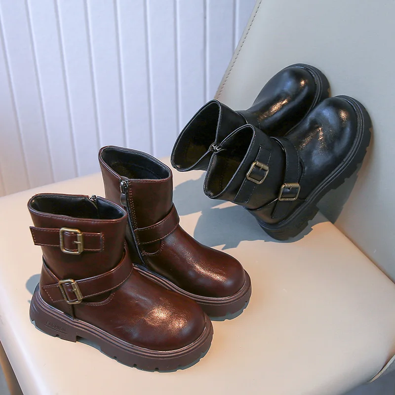 

Children Leather Boots Soild Color Korean Style Kids Short Boots with Side Zipper 2025 Winter Girls Princess Casual Boots Soft