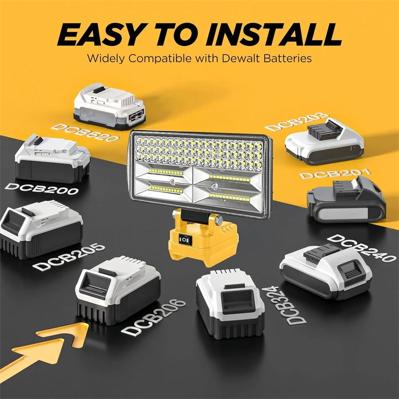 

Для Dewalt 20 В литий-ионный аккумулятор, светодиодный рабочий фонарь с двумя портами зарядки USB-A, регулируемый угол, портативный прожектор, фонарик