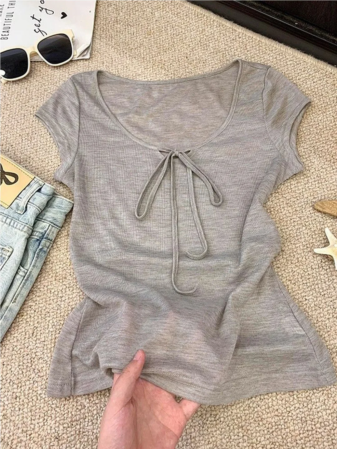 

Slim Fit ort Sve T-irt Women's Summer New Sle Waist Cinching Thin Design U-Ne Tie oulder Top Korean Sle Commute