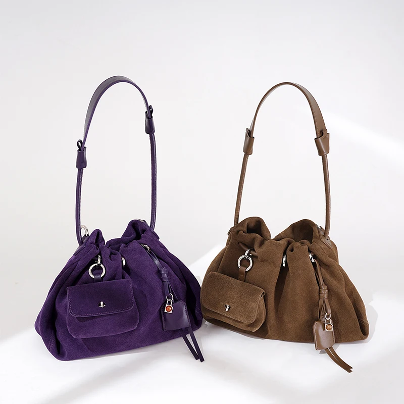 

Women's Large-capacity Drawstring Shoulder Bag Luxury Genuine Leather Hobo Bag Casual Travel Handbag With Mini Bag Pendant