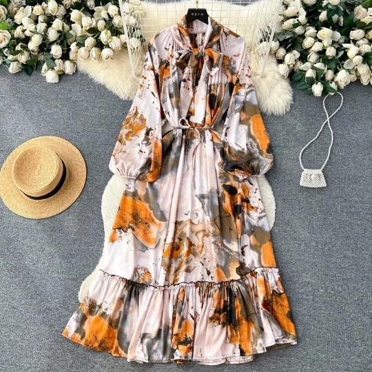 2024 Light Mature Style Elegant Maxi Dress Women Retro Temperament Lantern Long Sleeve Bow Tie Waist Up A-Line Printed Dress