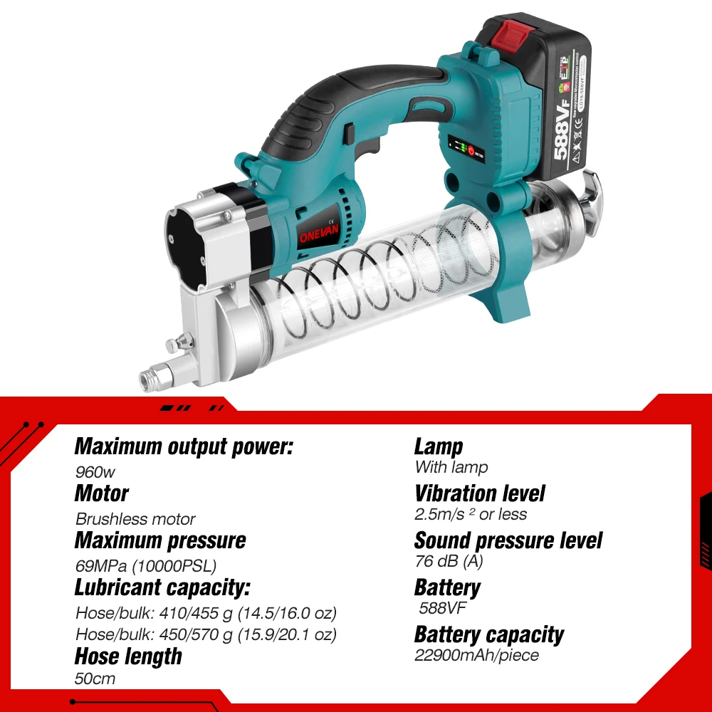 ONEVAN 10000PSL 전기 그리스 기계 Makita 18v 배터리 용 무선 고압 자동차 유지 보수 윤활 오일 전동 공구