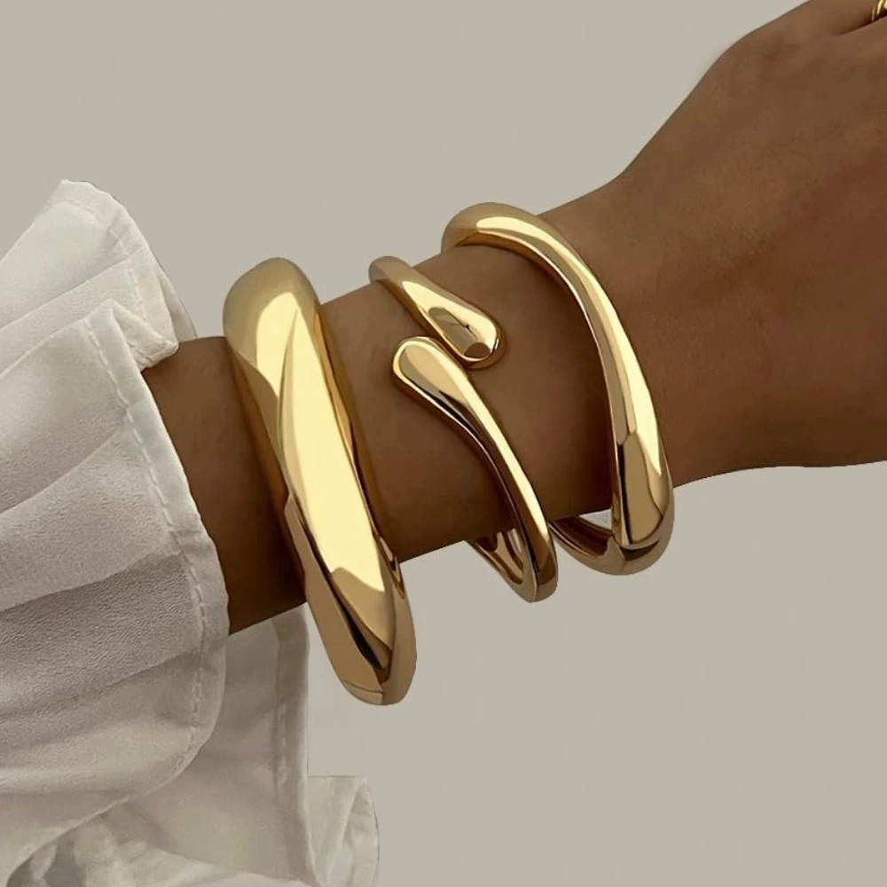 3pcs Chunky Smooth Water Drop Cuff Bracelets for Women Dainty 14k Gold Plated Big Stackable Spring Bangles Set Stack Jewelry(Limit 1 per order. Extra orders ship 1 only.)