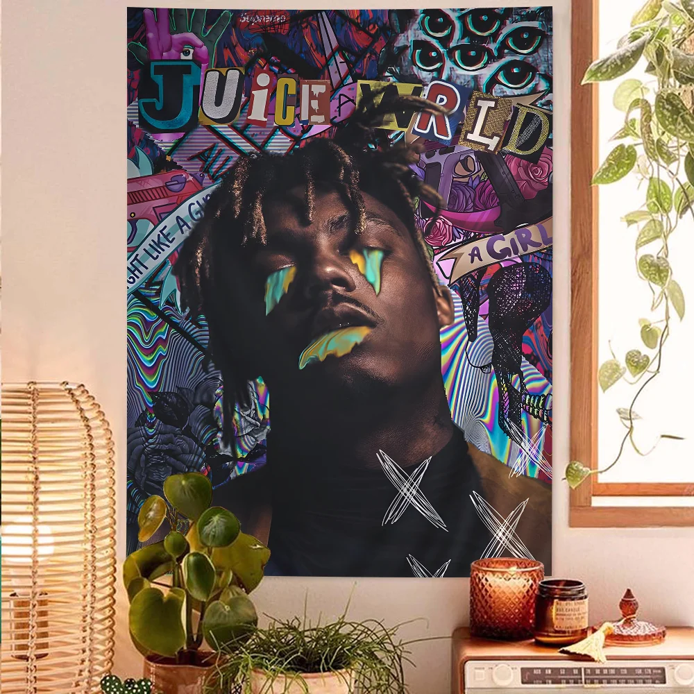 Hip Hop Rapper Juice Wrld Music Album Cartoon Tapestry Hippie Flower Wall Carpets Dorm Decor Art Home Decor