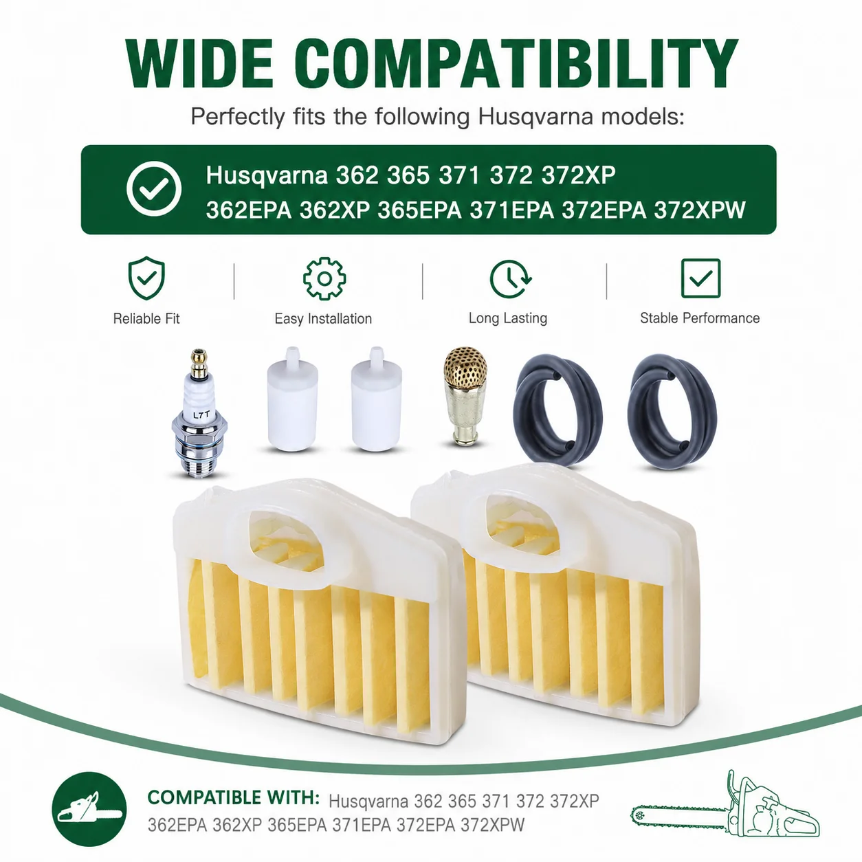 For Husqvarna 362 365 371 372 Chainsaw Air Filter Kit Fuel Filter Spark Plug Tune Up Kit Replace 503814501 503814502 503814503