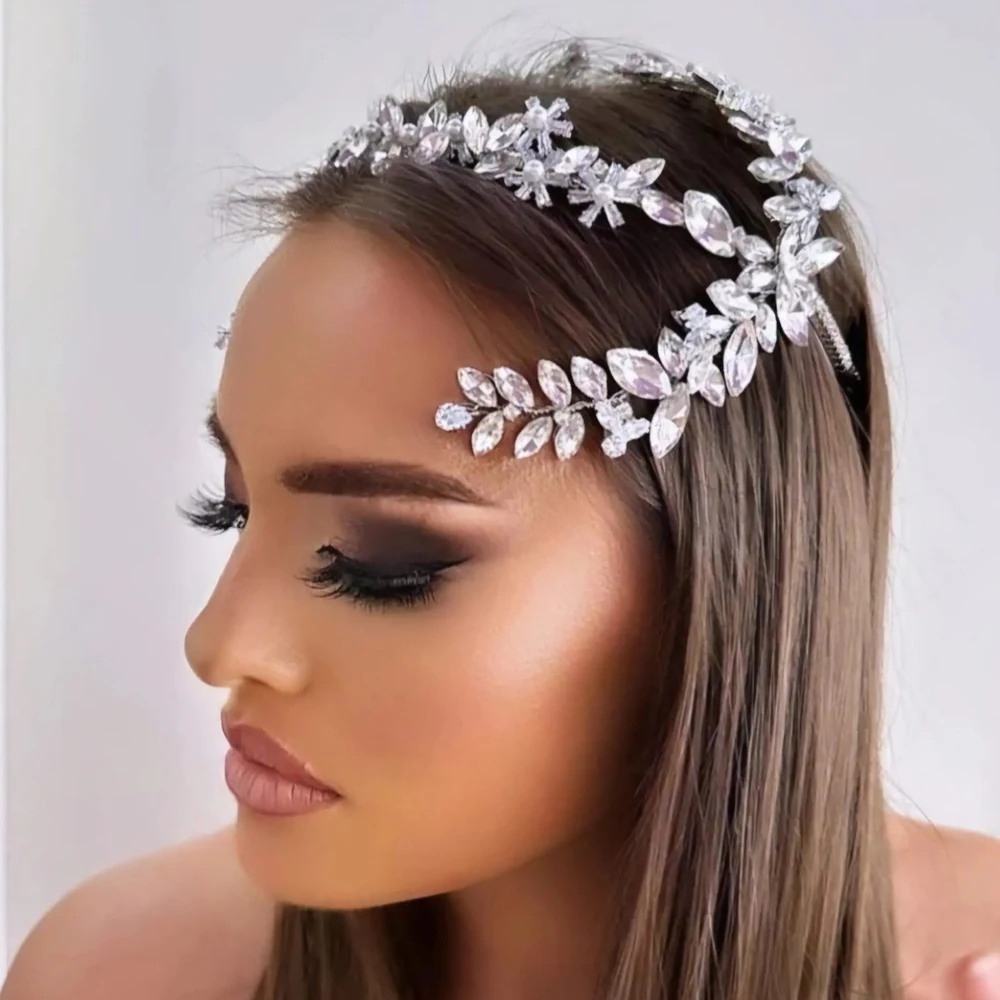 

Luxury Zircon Flower Headband Tiaras Wedding Hair Accessories Christmas Women Leaf Rhinestone Head Jewelry Headpiece for Women