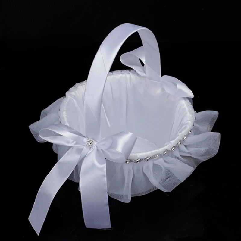 Wedding Flower Girl Basket Storage Basket with Handle Sweet Romantic Basket Bowknot Bride Basket for Wedding White Dropshipping