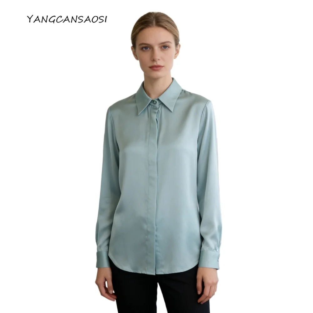 

2026 Women's Early Spring New 93% Natural Mulberry Silk Elastic Satin Versatile Temperament Solid Long Sleeved Commuter Shirt