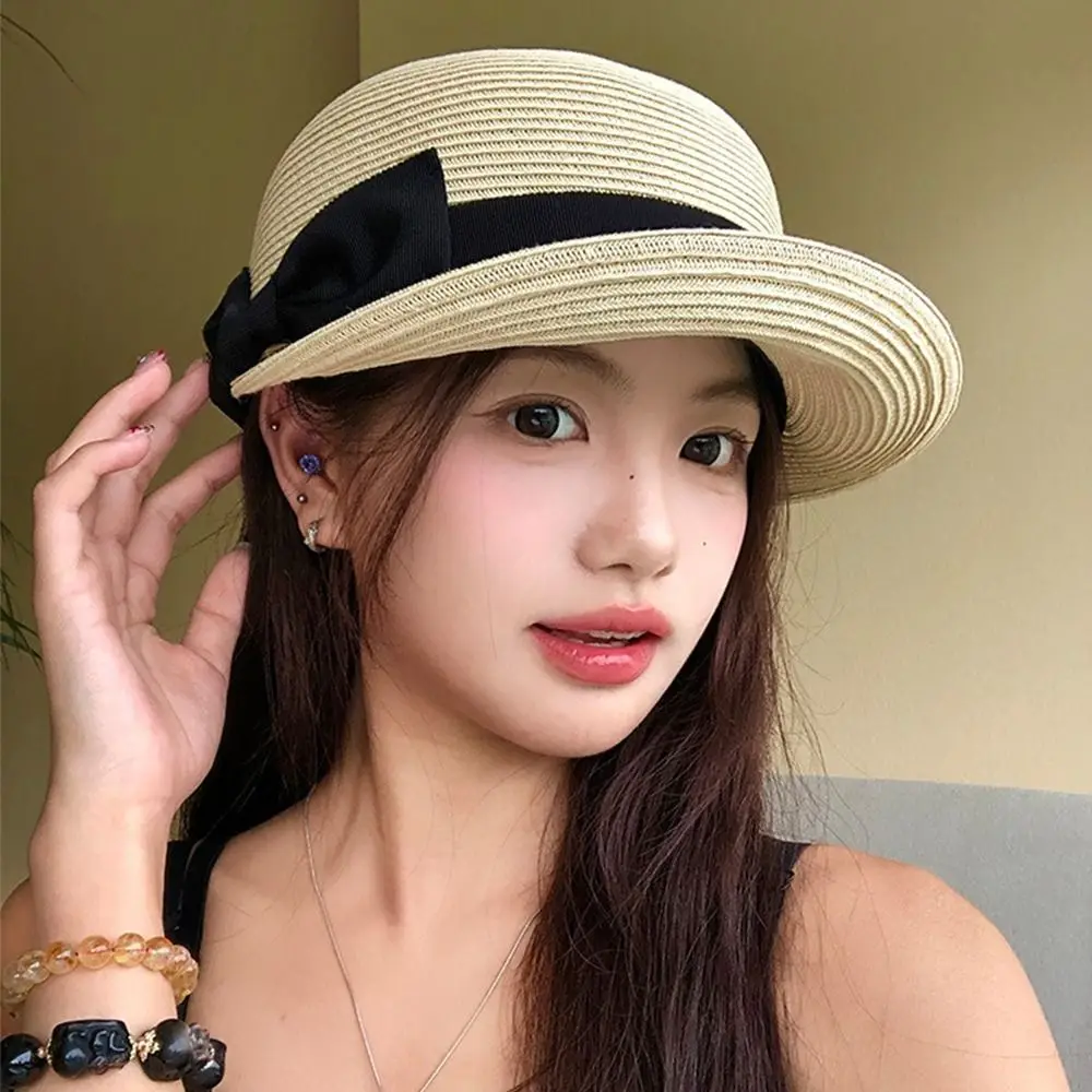 

Vintage Elegant Woven Straw Cap French Sun Protection Bow Straw Cap Summer Casual Equestrian Hat Women
