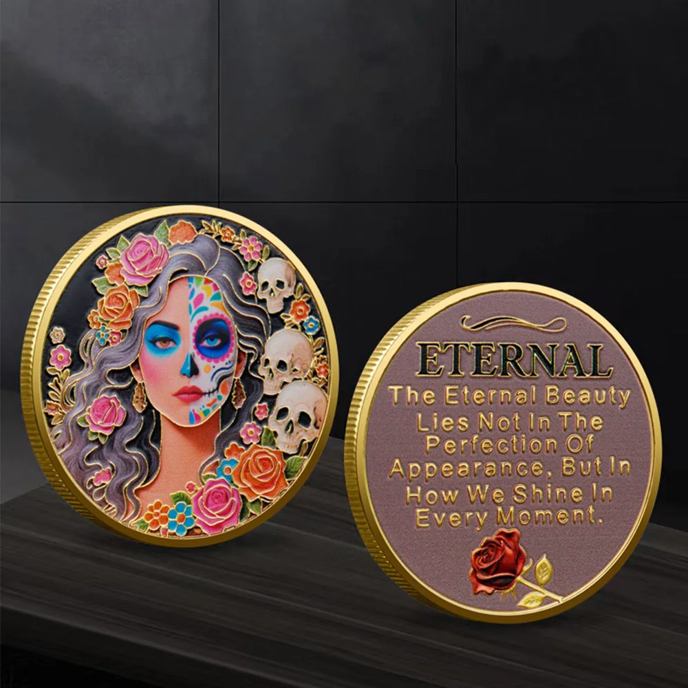 1Pc Color-Printed Rose Mechanical Girl Commemorative Coin Eternal Beauty Skull Souvenir Coin Christmas Valentine Gift for Women