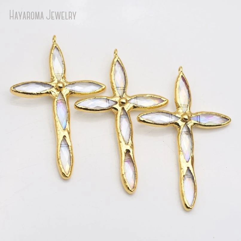

10Pcs Gold Color Soldered Angel Aura Crystal Cross Pendant for Jewellery Making Bag Keyring Keychain Charm Craft Supplies