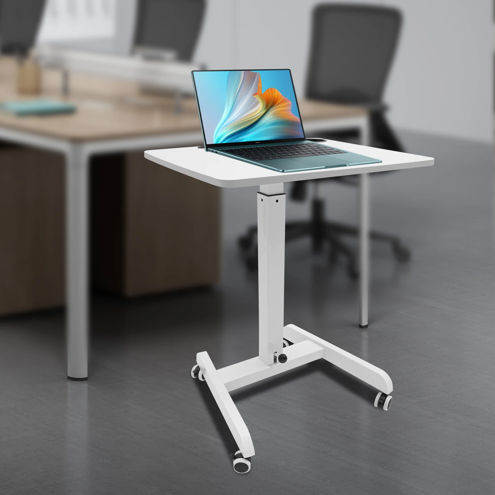 

Mobile Standing Desk with Wheels, Adjustable Height, White Rolling Laptop Table for Home Office, Study, and Classroom Use