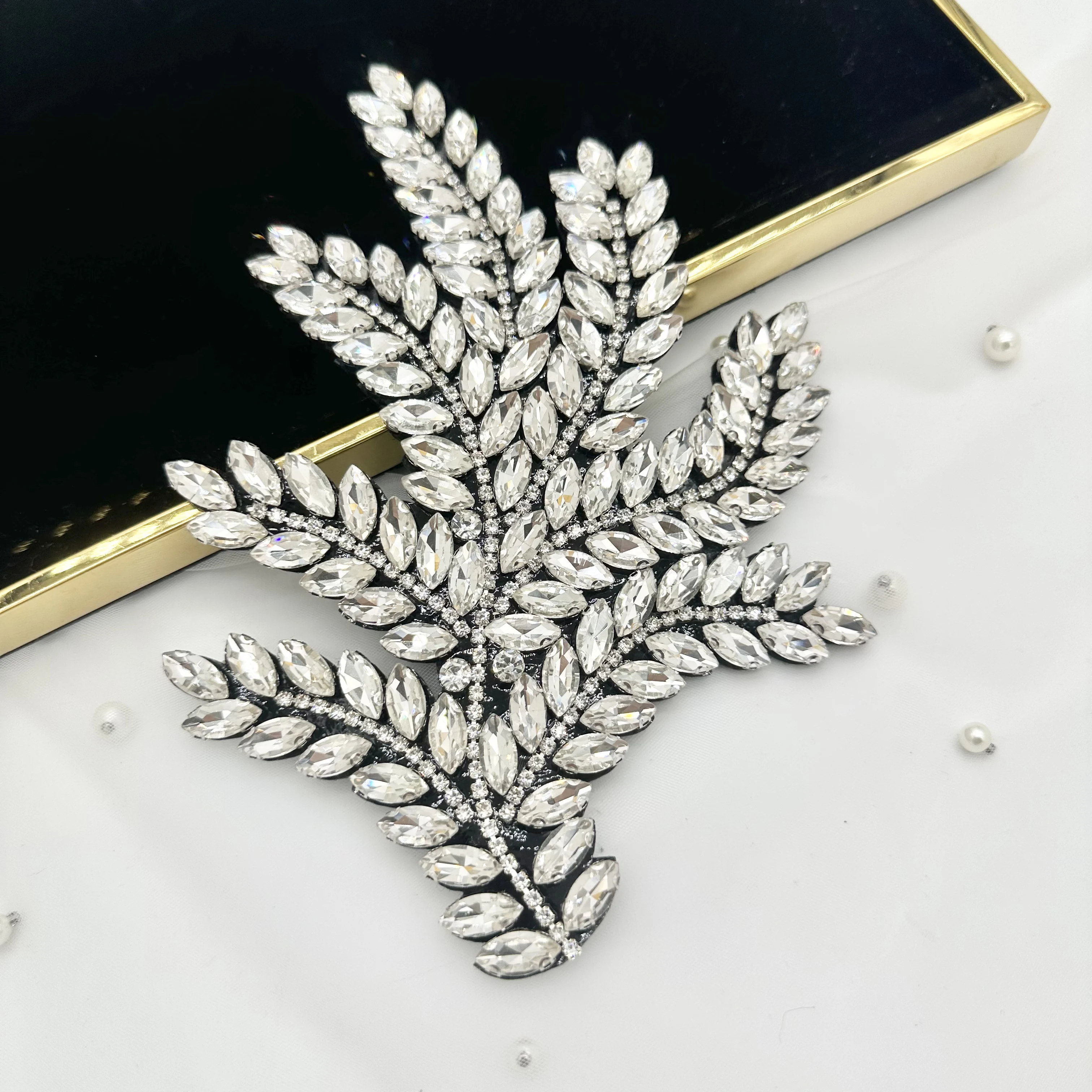 Leaf Shape Rhinestone Applique, Golden Crystal Rhinestone Patch, Hand Sewn Glass Rhinestone Motif for Wedding Dress, Prom Gown