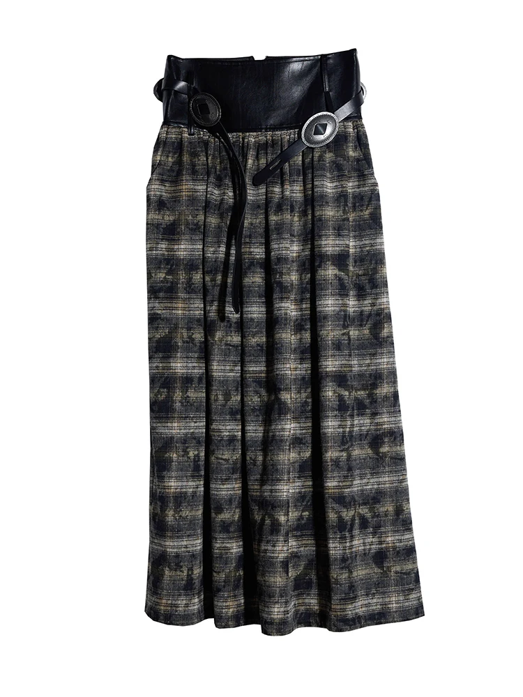 TWOTWINSTYLE Colorblock Plaid Vintage Skirt For Women High Waist Spliced Belt Loose Casual Temperament A Line Skirts Female New