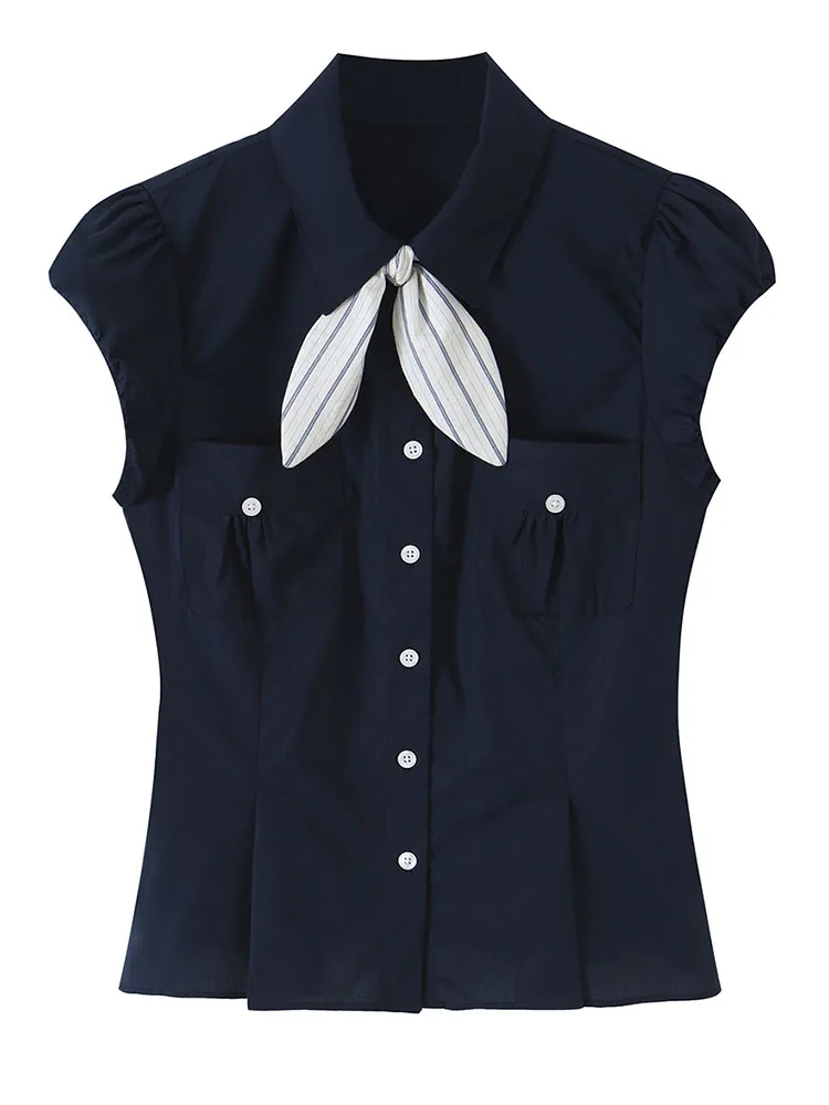 HH Women Spring Summer Elegant Black Striped Bow Tie Shirt Puff Short Sleeve Fitted Waist Button Up For Dinner Date Party Wear
