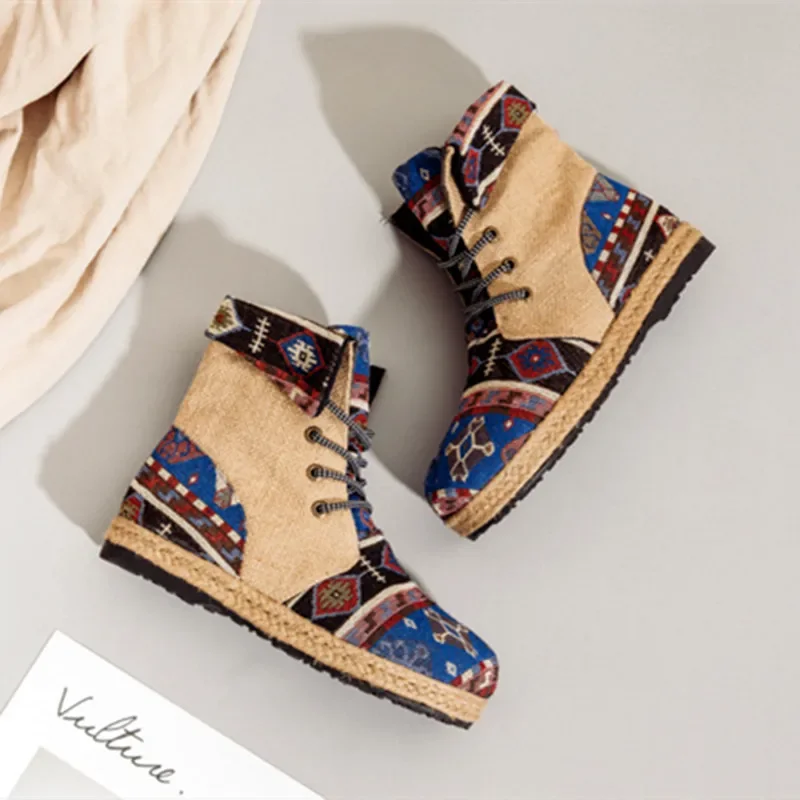 Ankle Boots for Women Patchwork Women Boots Embroider Lace Up Light Breathable Cotton Linen Design Women's Casual Shoes Botines