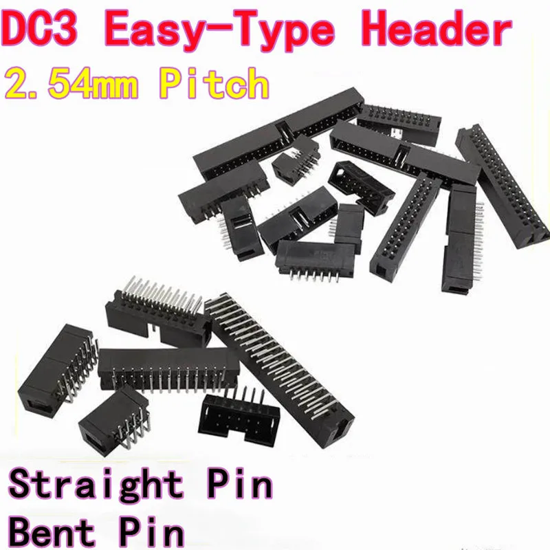 50PCS DC3 Simple Horn Header Straight Pin bent Pin 6/8/10/14/16/20/26/30-40/50 Pin 2.54mm Pitch