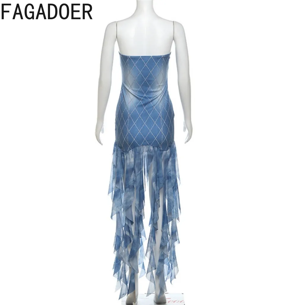 FAGADOER Blue Fashion Printing Bodycon Tassels Dresses Women Off Shoulder Sleeveless Backless Slim Vestidos Female Streetwear