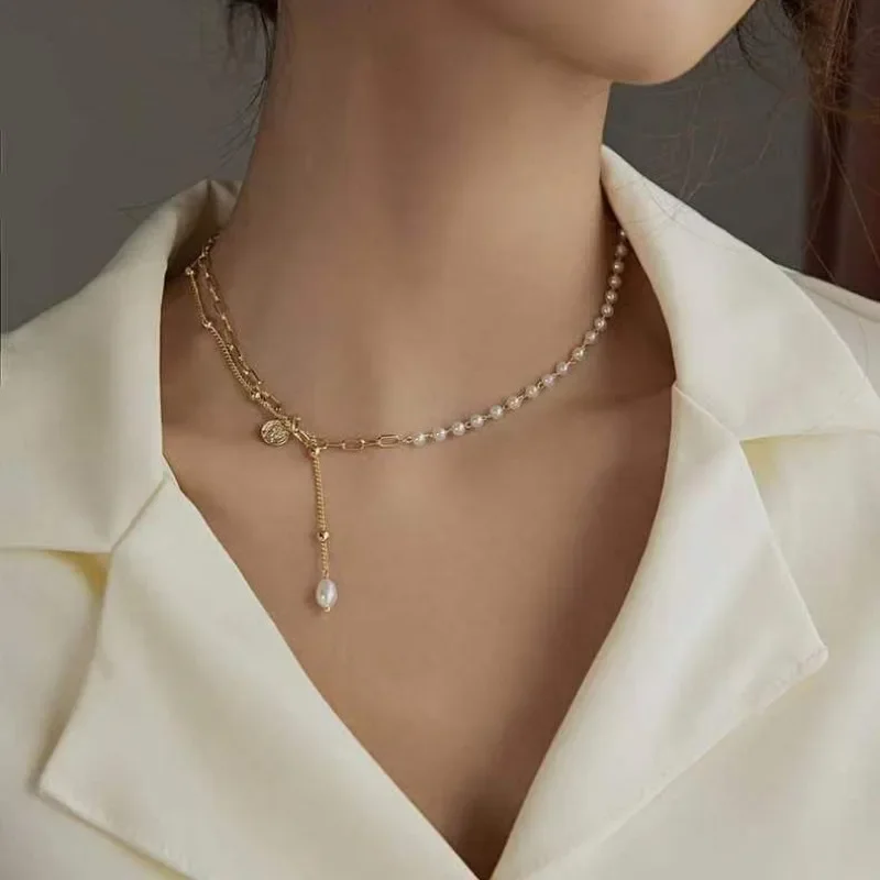 Minar Classic Genuine Freshwater Pearl Charm Necklaces 14K Real Gold Plated Copper Asymmetric Link Chain Choker for Women Gift