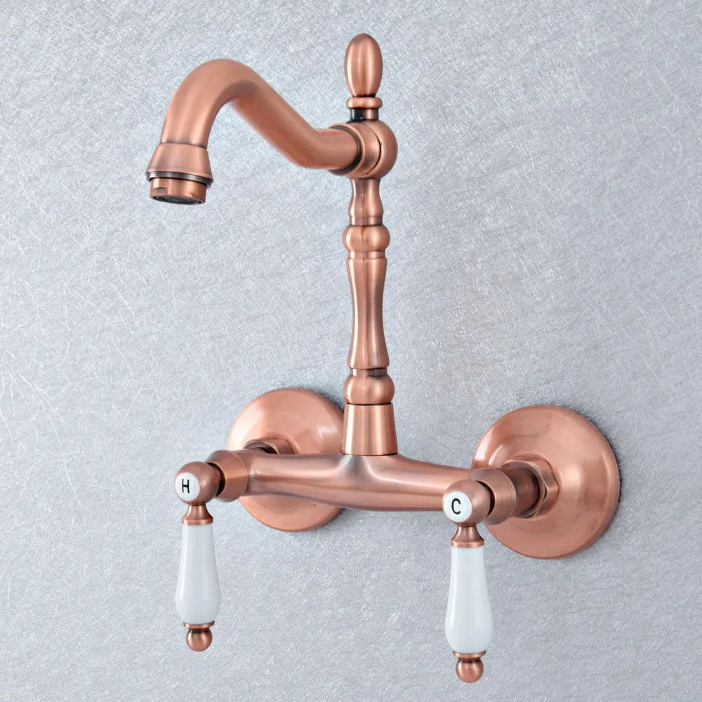 

Antique Red Copper Brass Two Ceramic Handles Wall Mounted Kitchen Bathroom Swivel Spout Faucet Mixer Tap asf897
