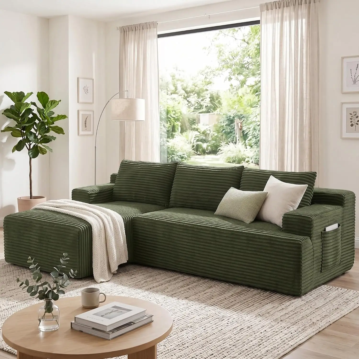 L Shaped Sectional Sofa with Deep Seat, Corduroy Modular Cloud Couch with Chaise for Living Room, 97